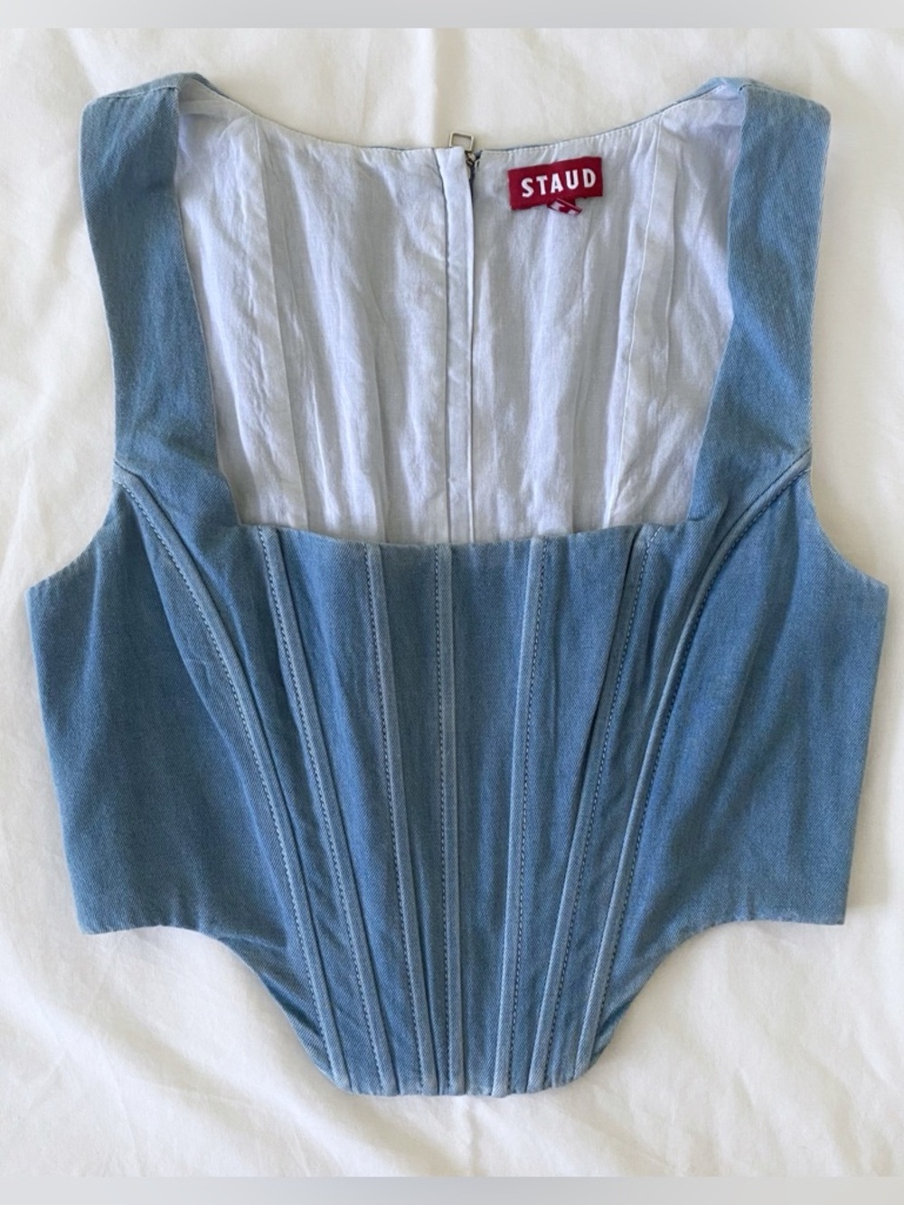 STAUD Alice Corset Crop Top in Light Wash Size 4 Structured Bustier 100% Cotton